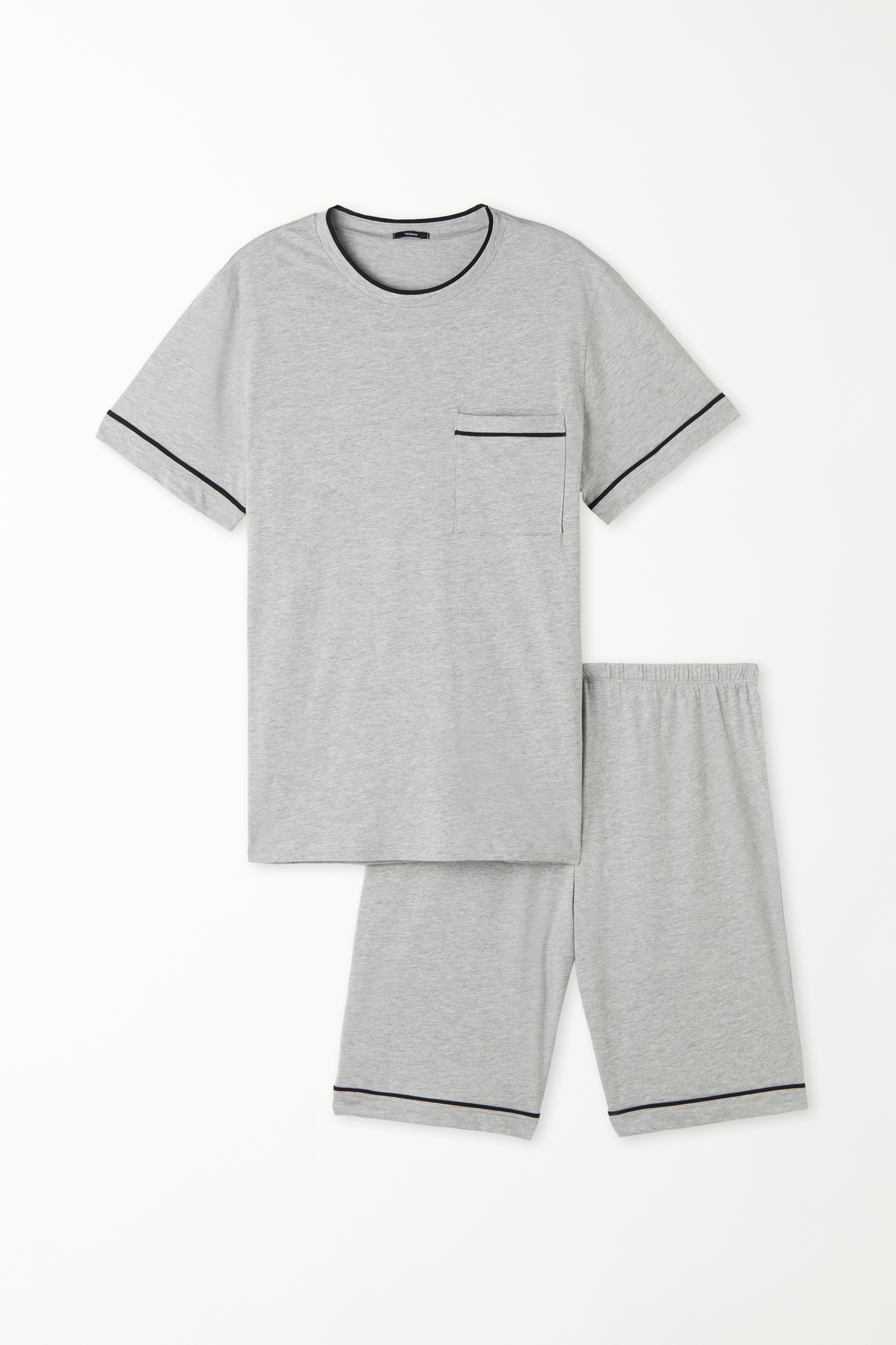 Piped Basic Short Cotton Pajamas with Pocket