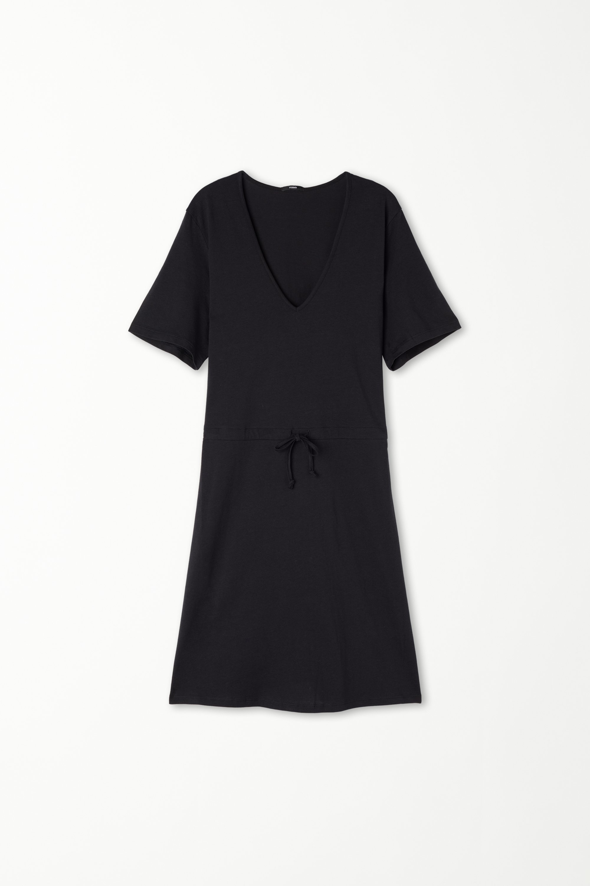 Κοντό και Κοντομάνικο Βαμβακερό Φόρεμα με Ντεκολτέ με Σχήμα V