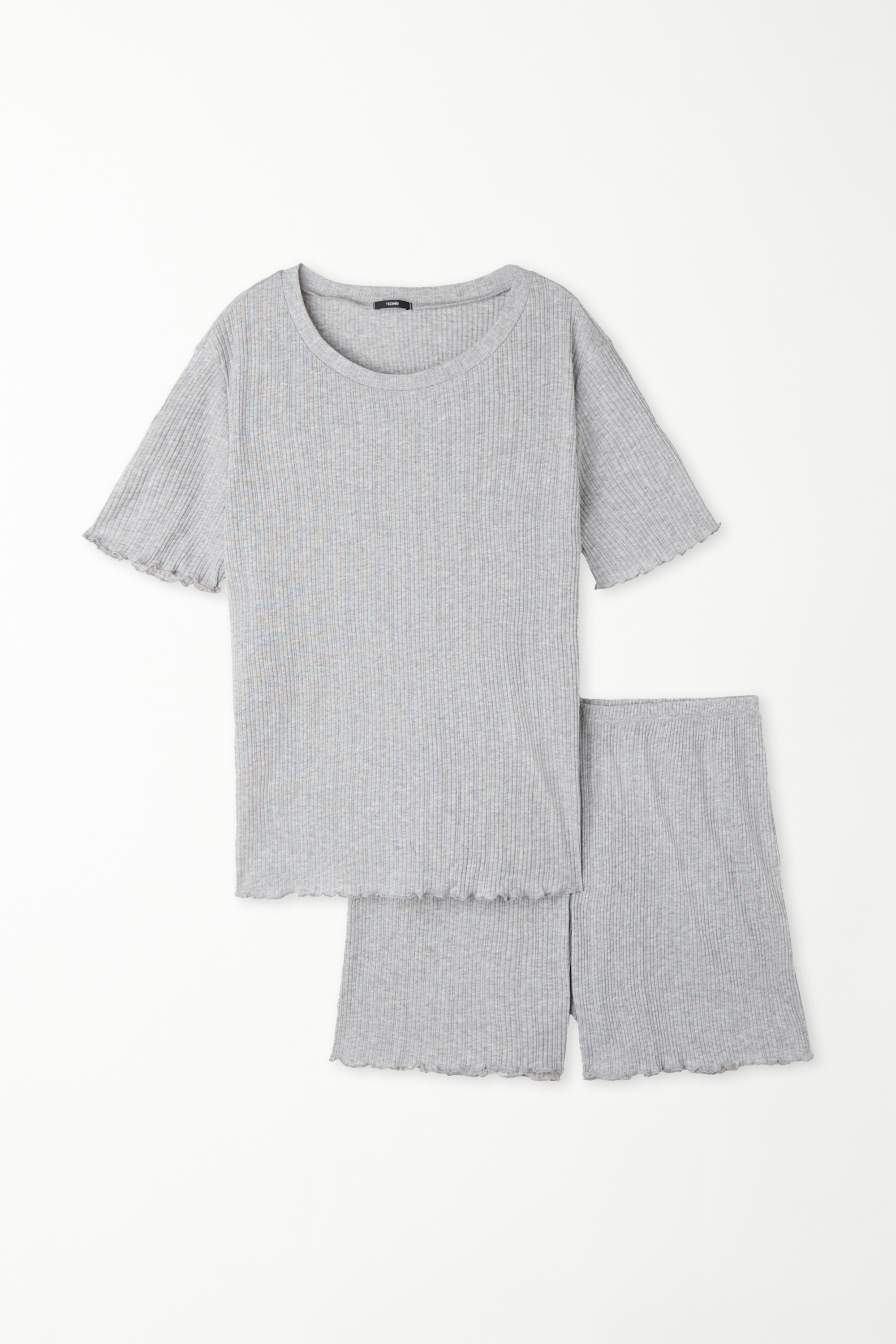Short Ribbed Cotton Pyjamas with Short Sleeves and Rolled Hem