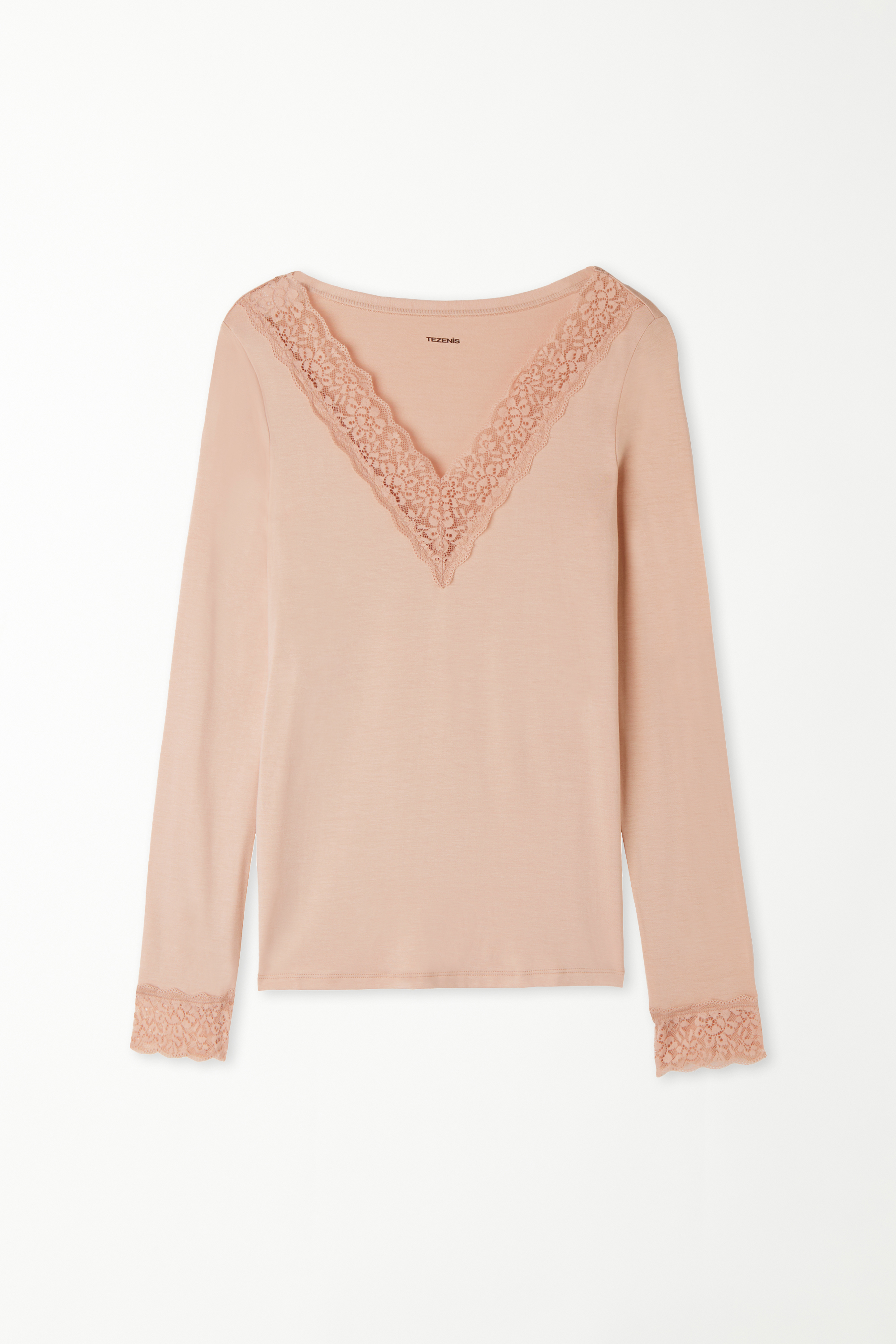 Long Sleeve V-Neck Viscose Top with Lace
