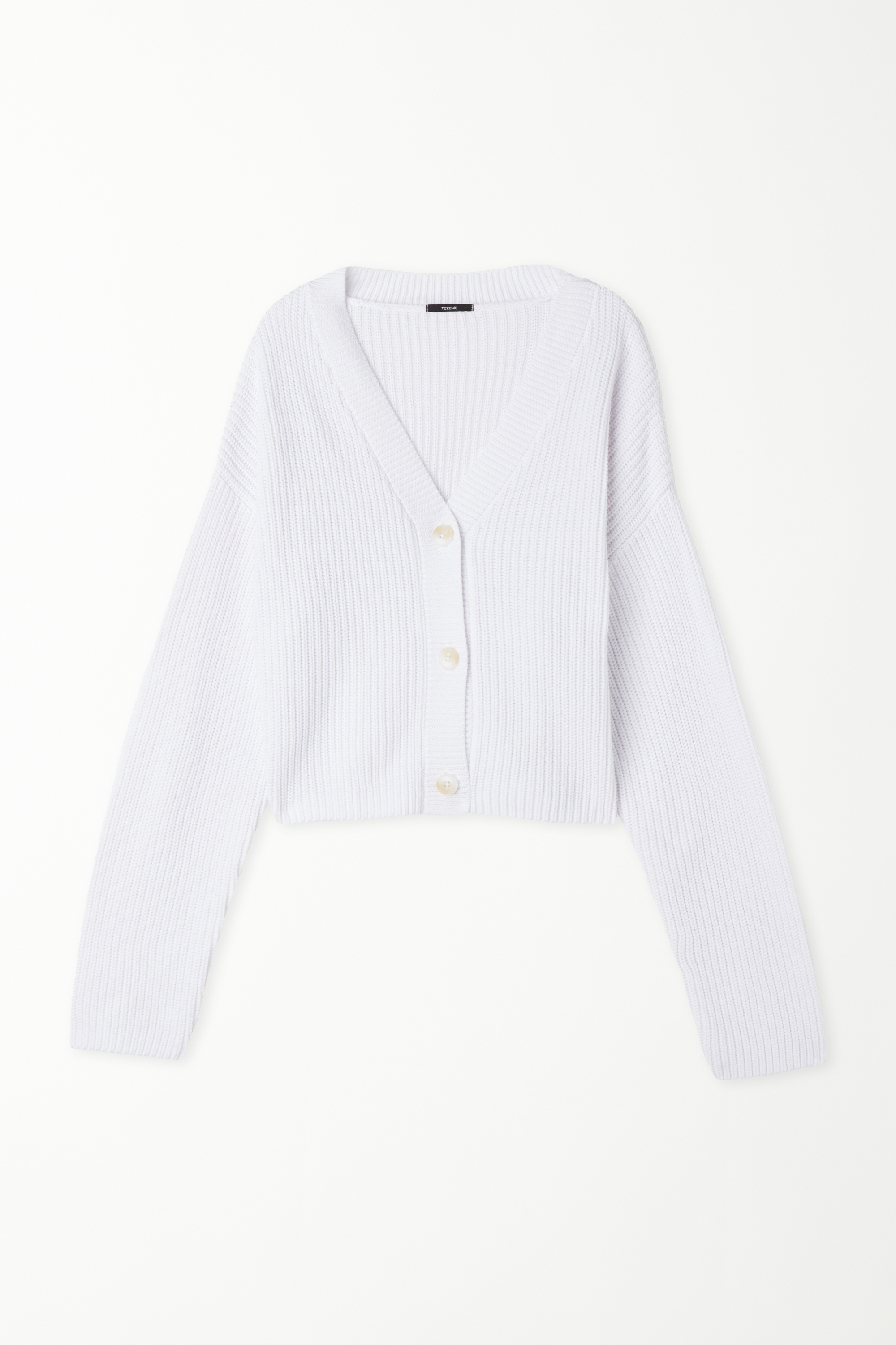 Short Ribbed Cardigan with Long Sleeves and Buttons