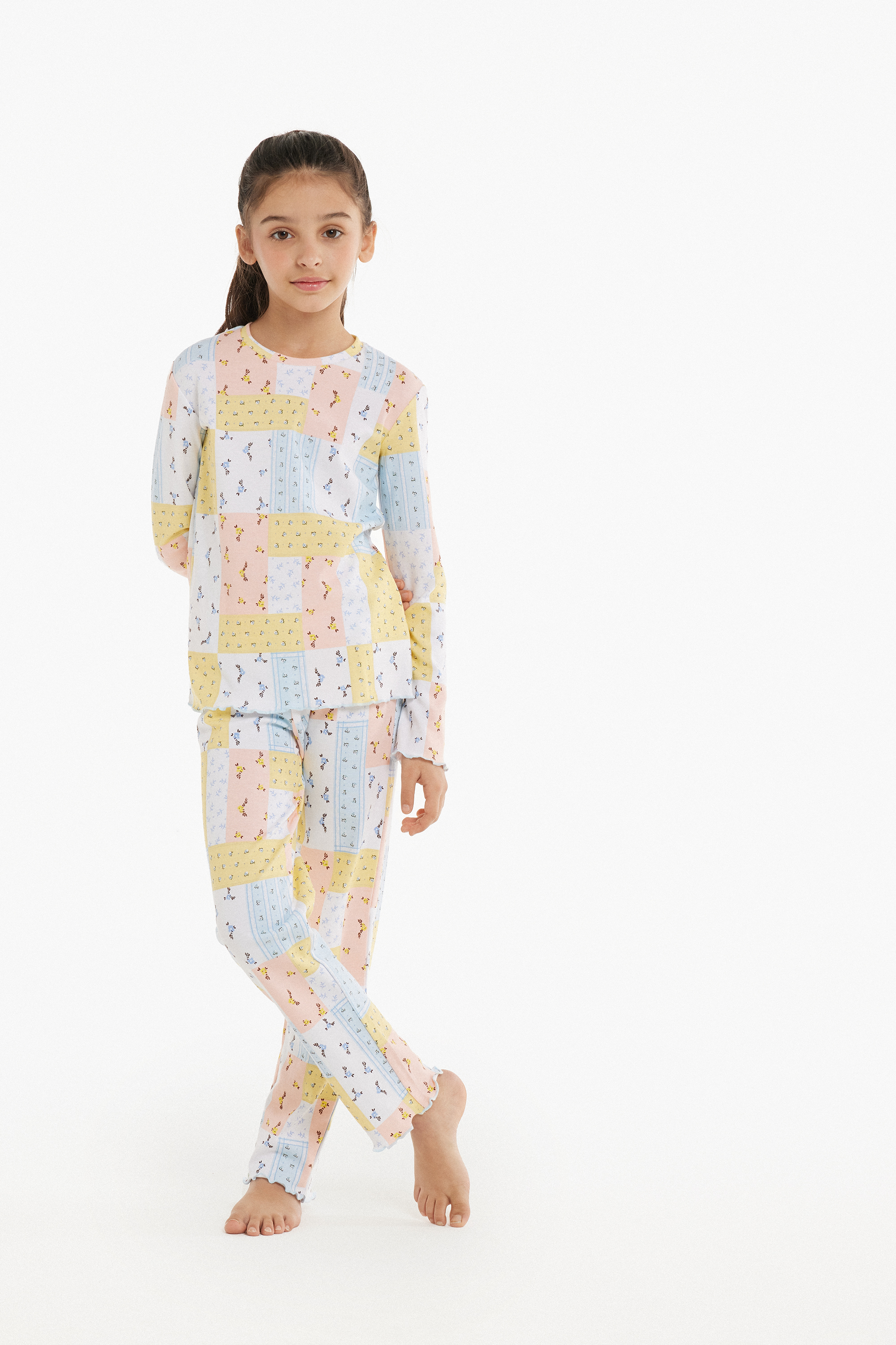 Pyjama Long Fille Coton Épais Imprimé Empiècements Fleurs