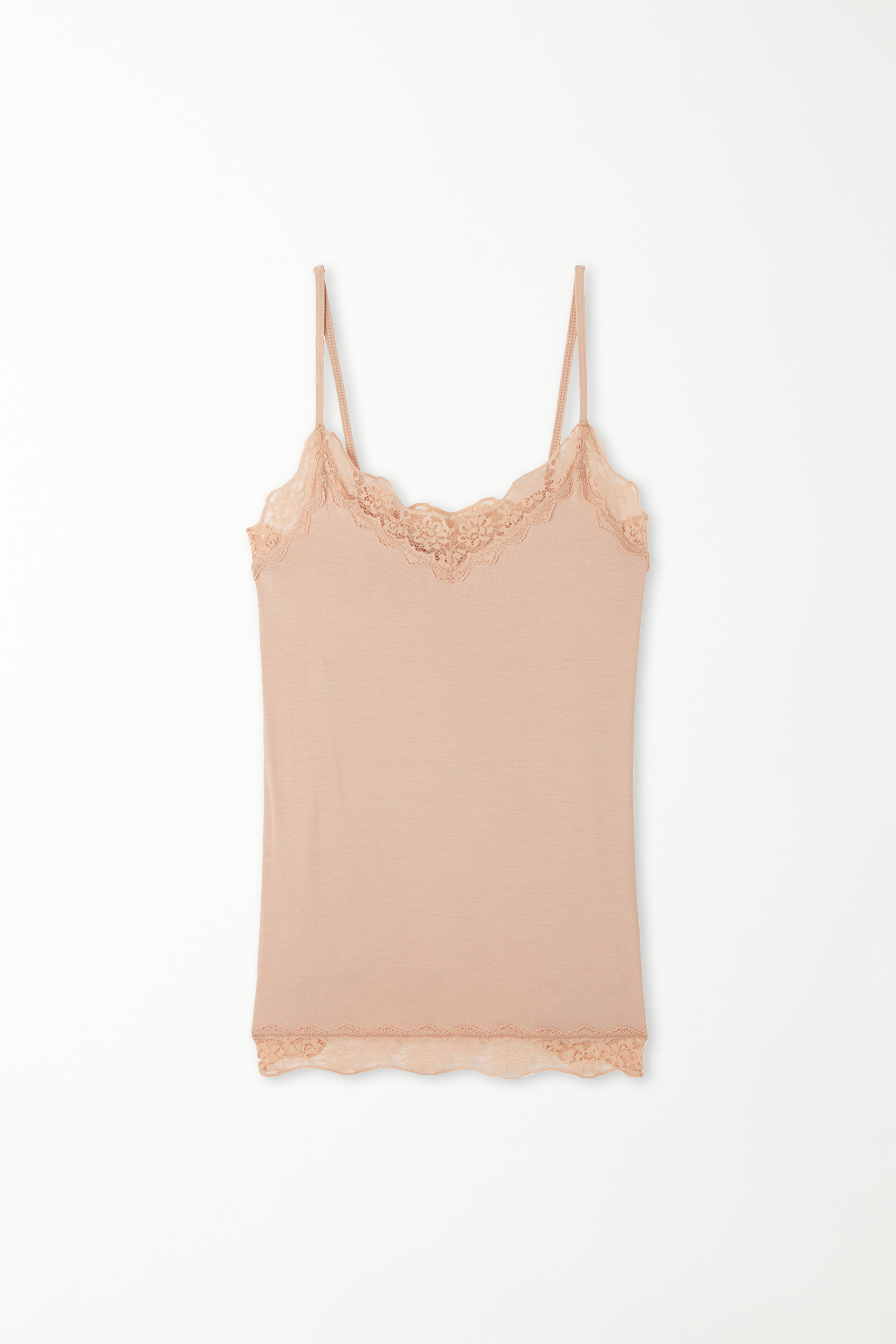 Viscose and Lace Camisole with Thin Shoulder Straps and V-Neck