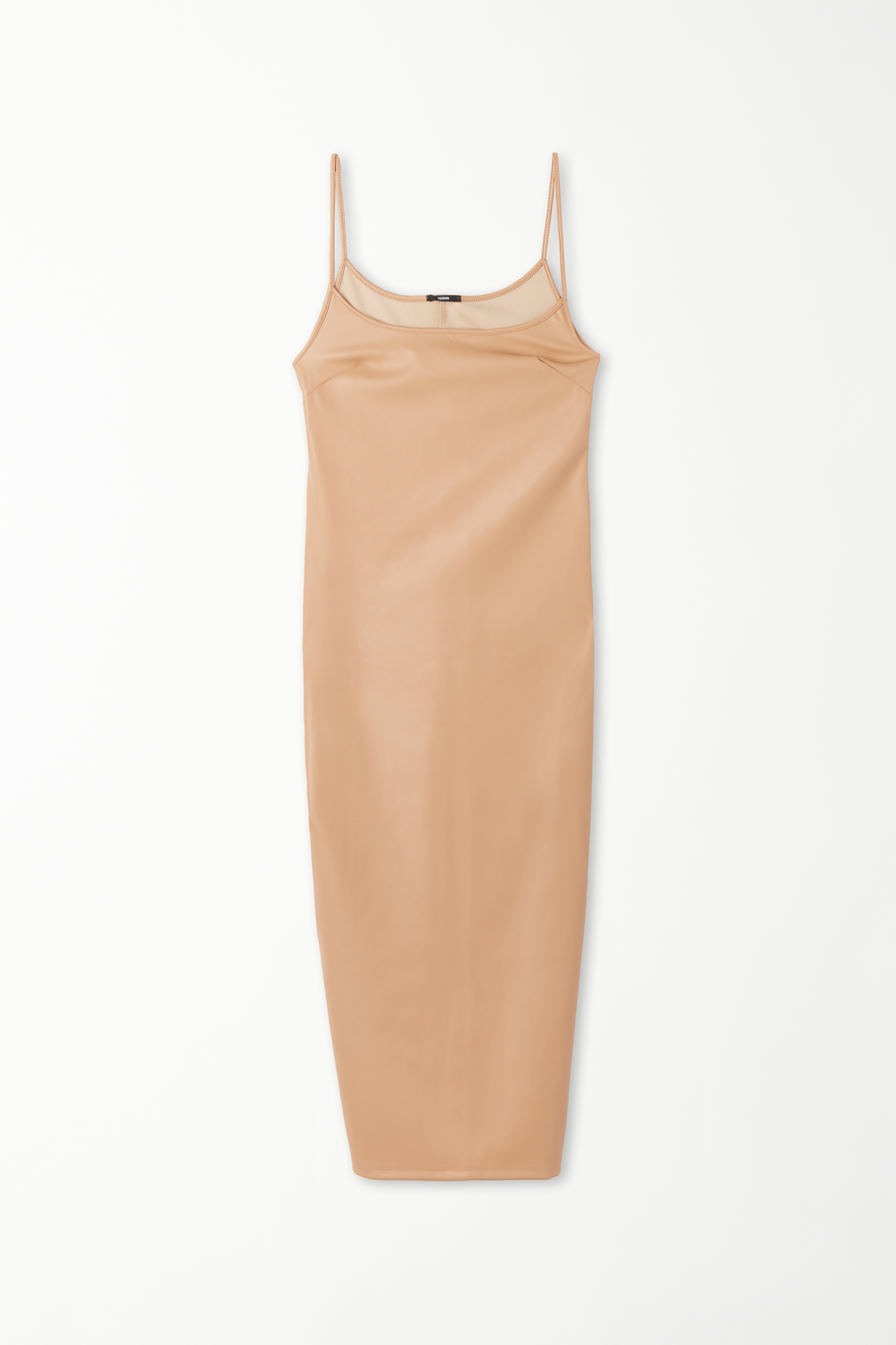 Coated-Effect Midi Dress with Thin Shoulder Straps