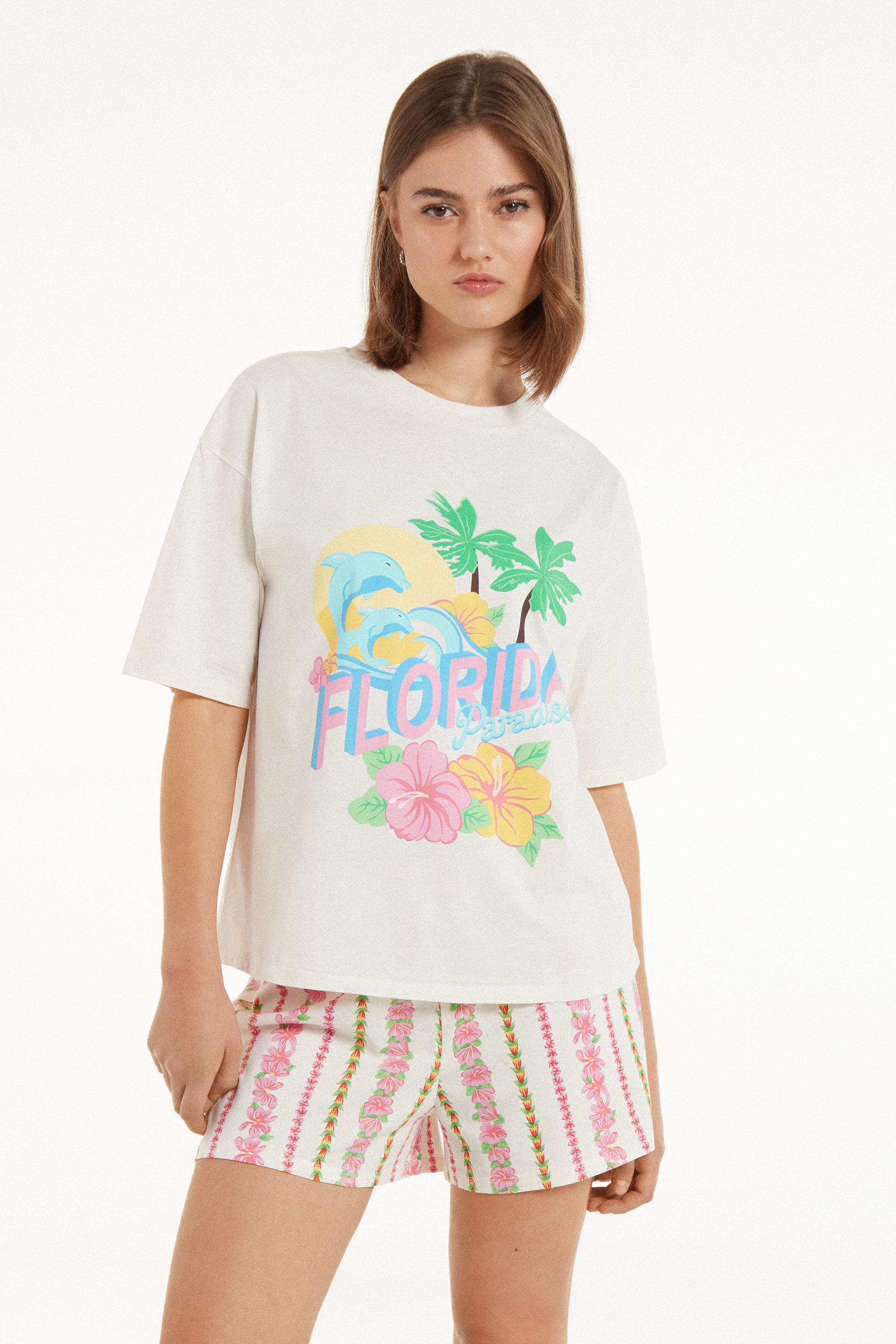 “Florida Paradise” Print Half Sleeve Short Cotton Pajamas