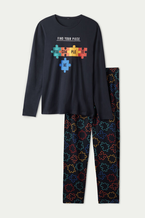 Dlouhé Bavlněné Pyžamo s Potiskem Puzzle  