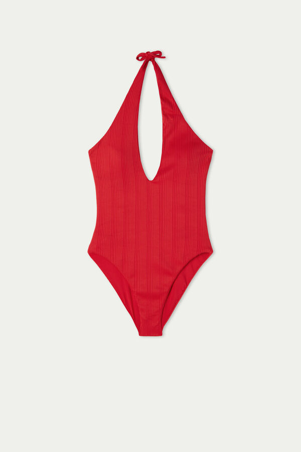 Red Recycled Ribbed Lightly Padded One-Piece Swimsuit  