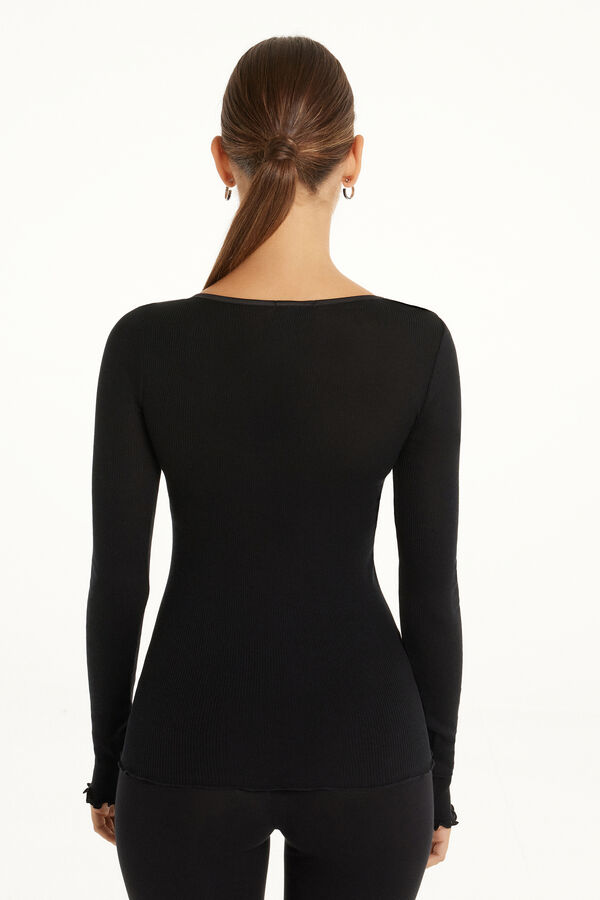 Long-Sleeved Top in 100% Ribbed Cotton and Satin  