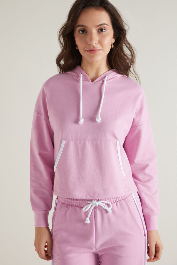 Short Cotton Hooded Sweatshirt with Piping  