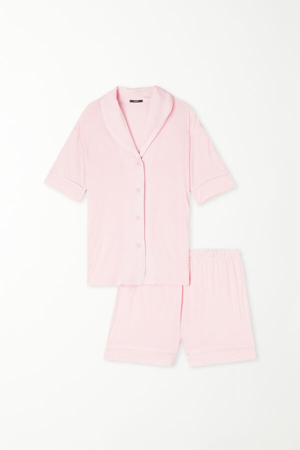 Kurzer Pyjama mit Halbarm geknöpft aus Viskose mit Satinkanten  