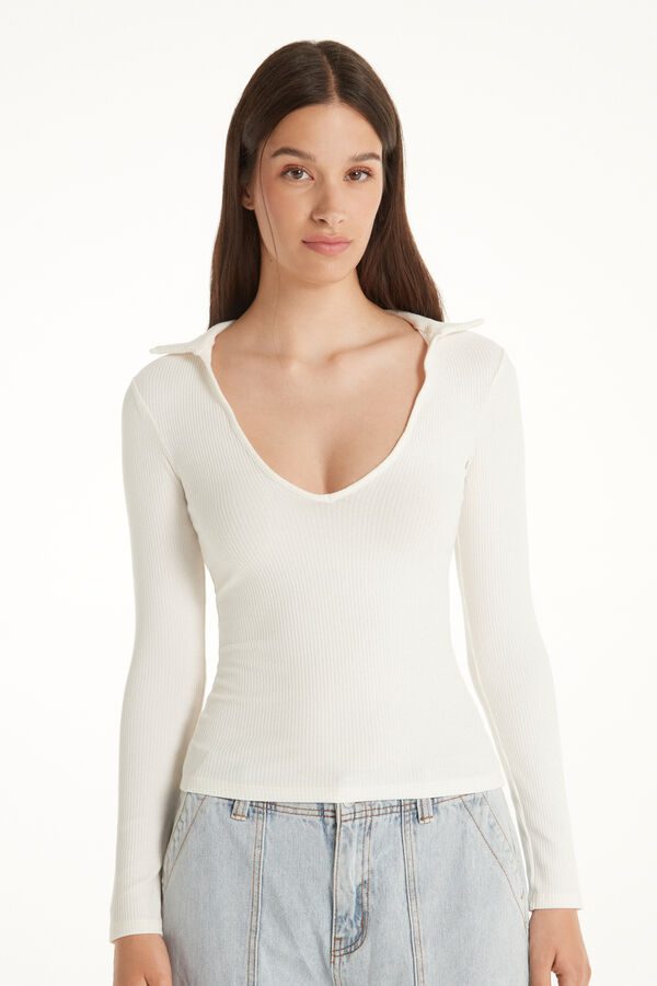 Ribbed Long-Sleeved Polo Top  