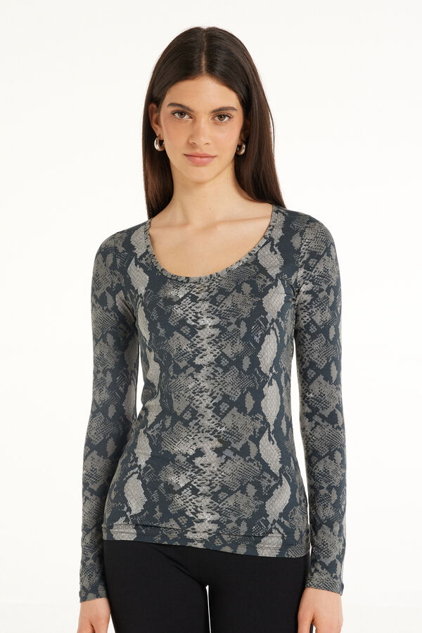 Long-Sleeved Shirt with Wide-Neck and Printed Viscose  