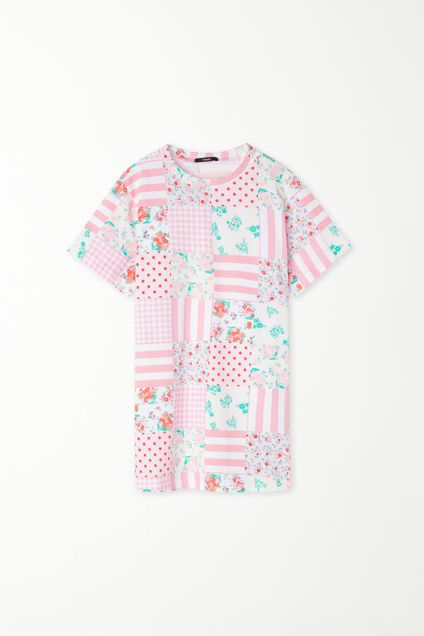 Short-Sleeved Cotton Nightgown with Patchwork Print  