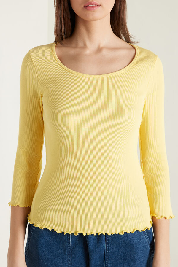 3/4 Length Sleeve Ribbed Cotton Top with Rolled Hem  