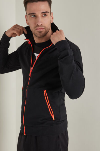 Hooded Sweatshirt with Contrasting-Color Zipper