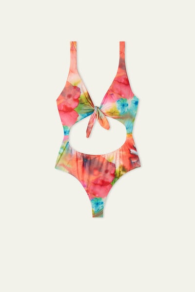 Liquid Flowers One-Piece Swimsuit with Knot