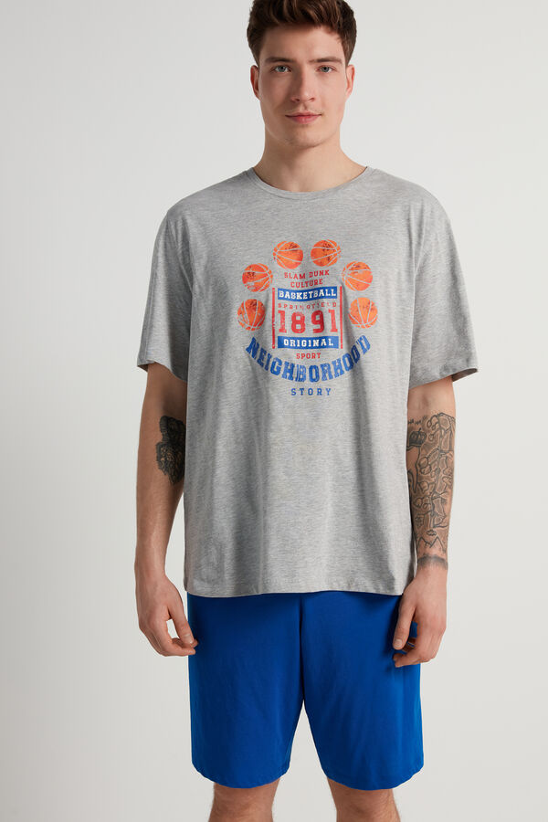 Krátké Bavlněné Pyžamo Potisk Basketball  