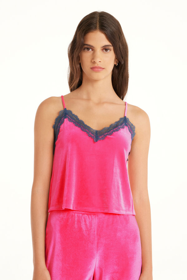 Velvet Camisole with Thin Shoulder Straps and Lace  