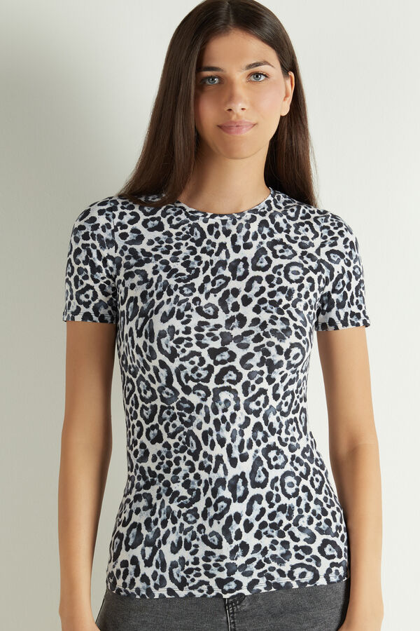 Rounded Neck T-Shirt in Printed Stretch Cotton  