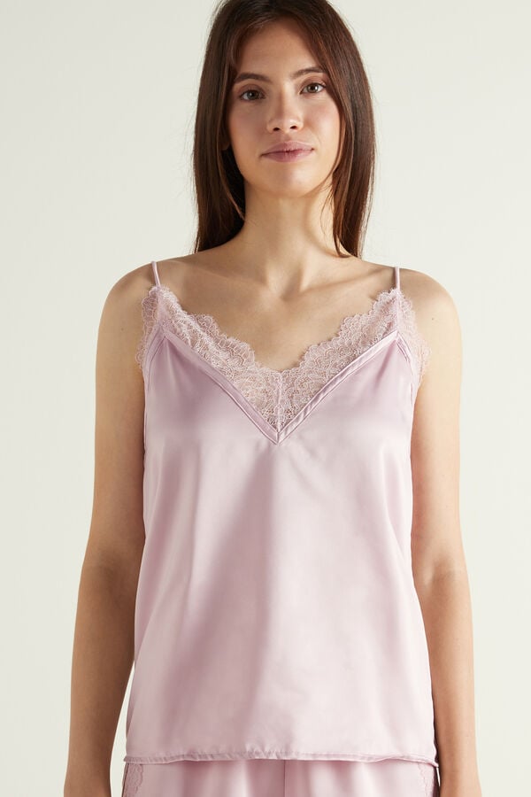 Satin V-neck Camisole with Lace  