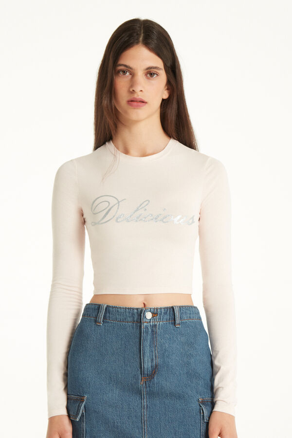 Cropped Long-Sleeved Cotton Top with Writing  