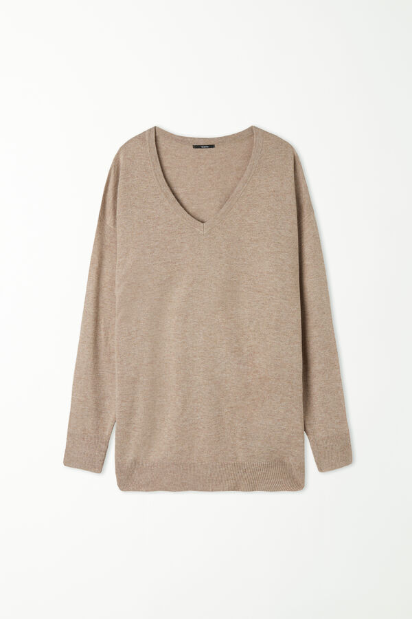Long-Sleeved V-Neck Heavy Jersey with Wool  