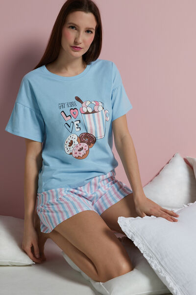 Pijama Corto de Algodón con Cuello Redondo y Estampado «True Love»