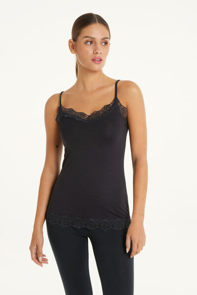 Viscose and Lace Camisole with Thin Shoulder Straps and V-Neck