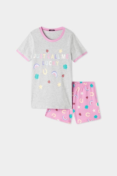 Krátke Bavlnené Dievčenské Pyžamo s Okrúhlym Výstrihom a Potlačou "Lucky"