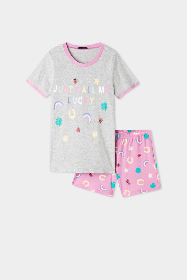 Girls’ "Lucky" Print Short Cotton Pyjamas with Rounded Neck  
