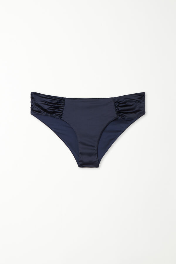 Panty de Bikini de Pernera Alta con Fruncido Azul Marino Shiny  