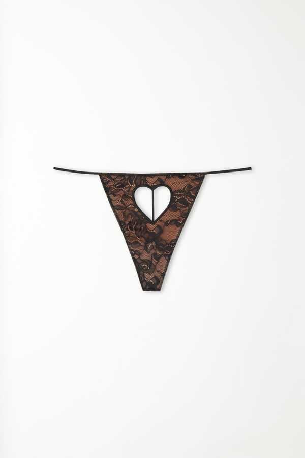 Lovely Dark Lace String Thong with Heart-Shaped Cut-Out  