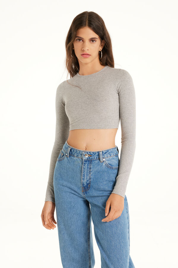Short Ribbed Top with Long Sleeves and Rounded Neck  