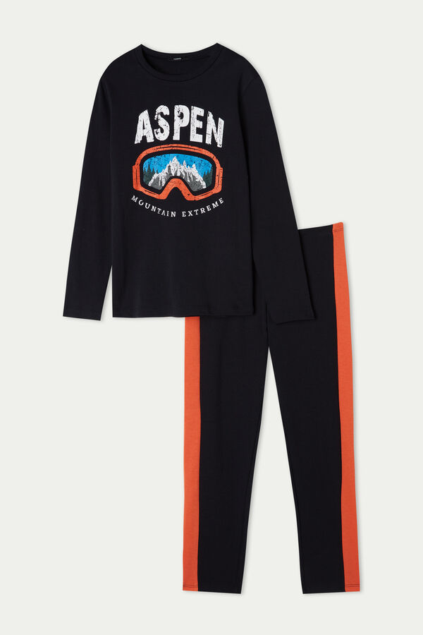 Boys’ Aspen Print Long Cotton Pyjamas with Rounded Neck  