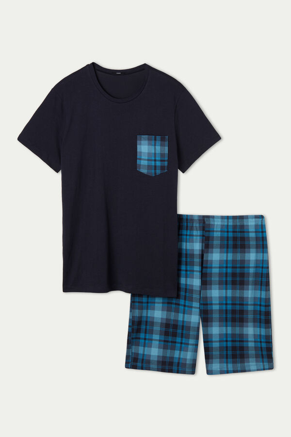 Pijama Corto de Hombre con Estampado Madrás con Bolsillo  