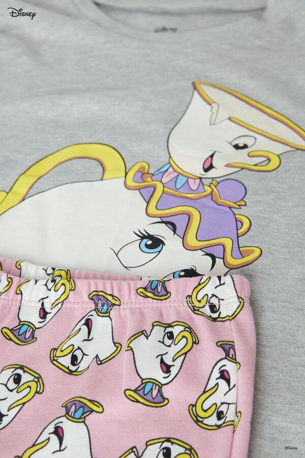 Girls’ Long Cotton Pyjamas with Disney Beauty Chip Mug Print  