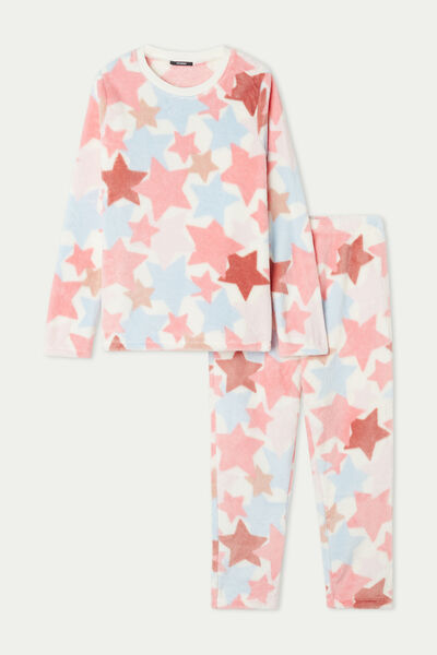 Girls’ Long Fleece Pyjamas with Large Star Print