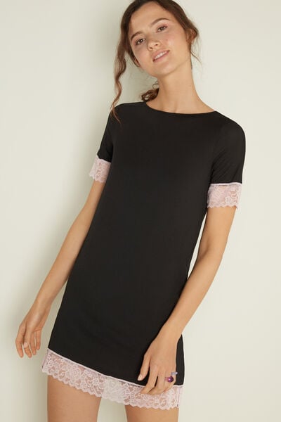 Short-Sleeved Nightdress in Viscose and Lace