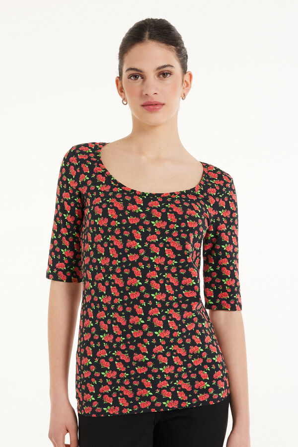 Short Sleeve, Wide-Neck Printed Cotton Top  