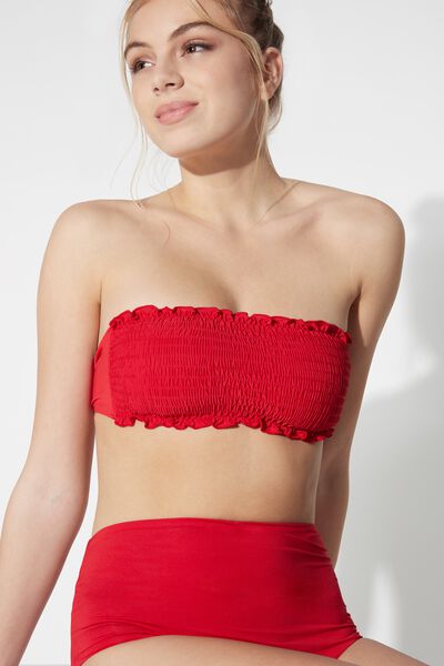 Plain-Coloured Smocked Bandeau Bikini Top