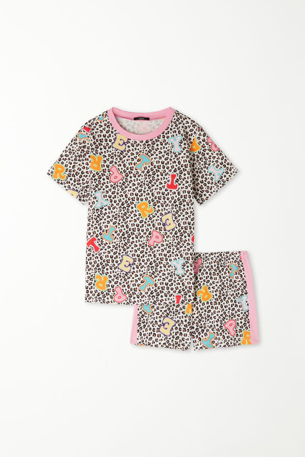 Dievčenské Krátke Bavlnené Pyžamo so Stredne Dlhým Rukávom a Zvieracou Potlačou s Písmenami  
