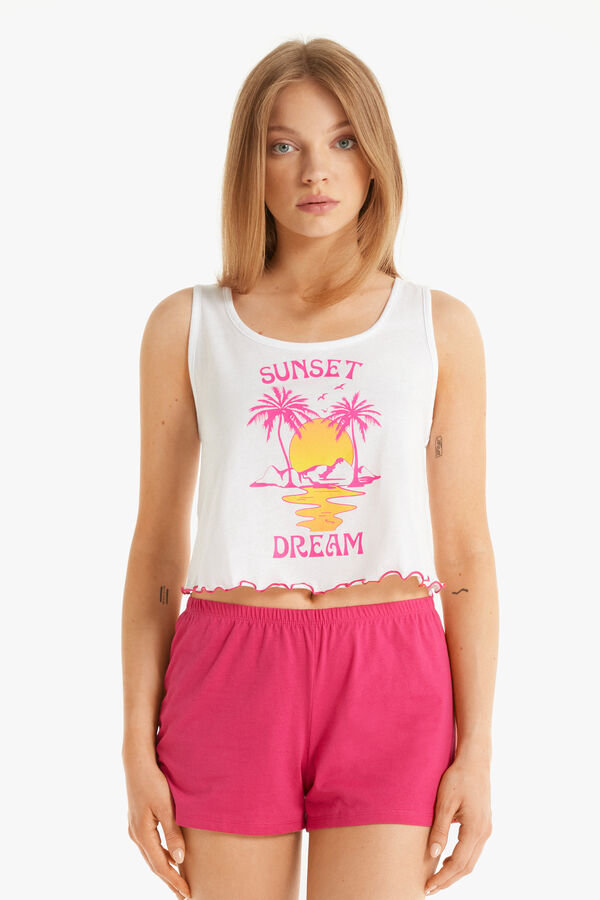 Pamučna kratka pidžama širokih naramenica s motivom i natpisom Sunset  