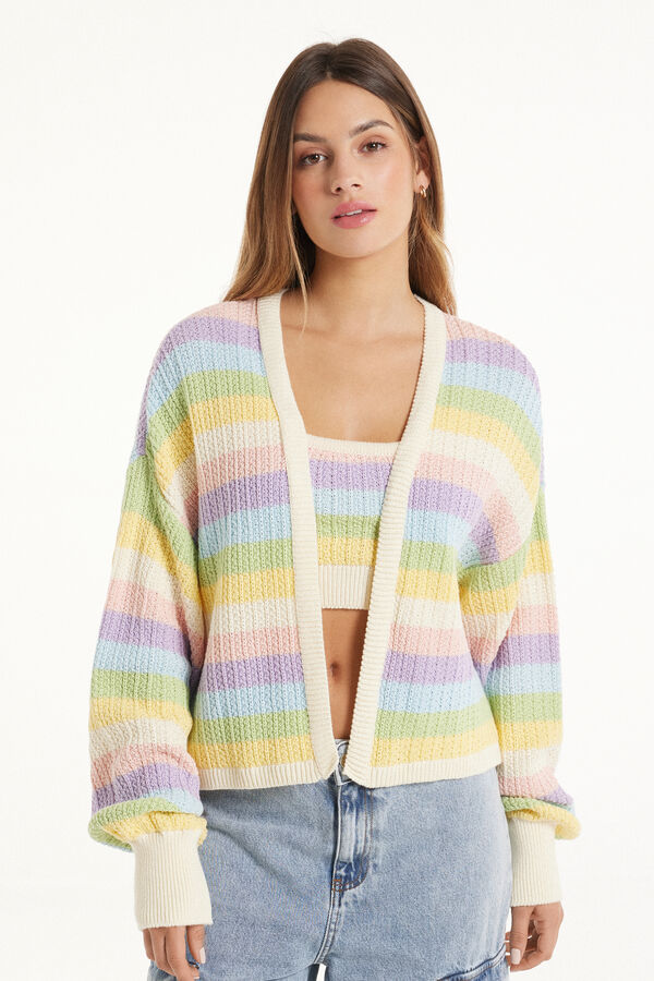 Long-Sleeved Striped Fully Fashioned Cotton Cropped Cardigan  