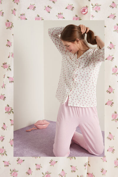 Micro Rose Print Button-Front Long Pyjamas