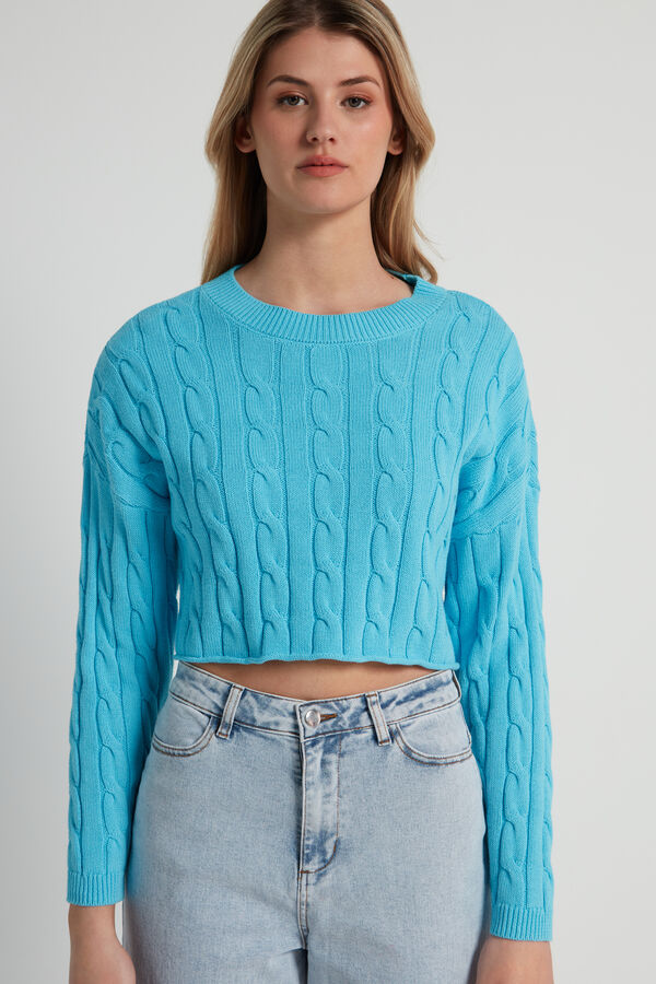 Kurzer Langarm-Pullover aus Baumwolle in Fully-Fashioned-Verarbeitung mit Zopfmuster  