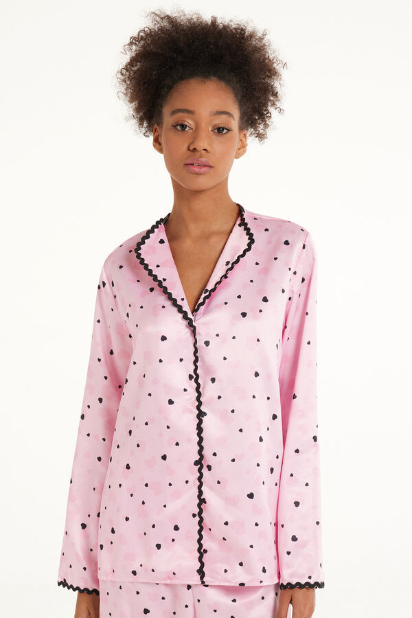 Long-Sleeved Satin Pyjama Top with Hearts  