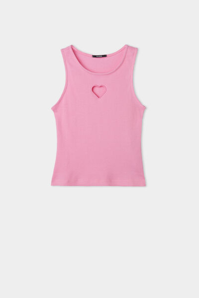 Girls’ Ribbed Cotton Vest with Wide Shoulder Straps and Heart