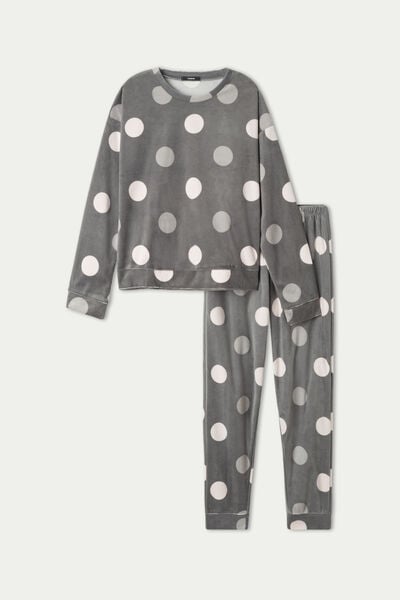 Girls’ Long Microfleece Pyjamas with Large Polka Dot Print