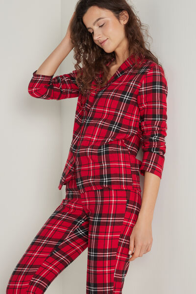 Langer Damenpyjama aus Baumwollflanell mit Knopfleiste und maskulinem Schnitt Rot