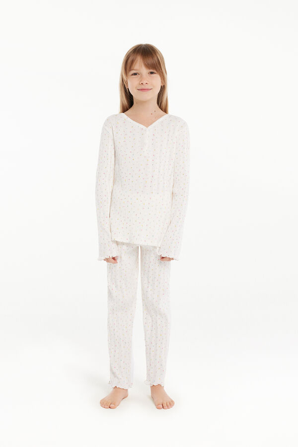 Girls’ Long Ribbed Cotton Pyjamas with Small Flower Print  